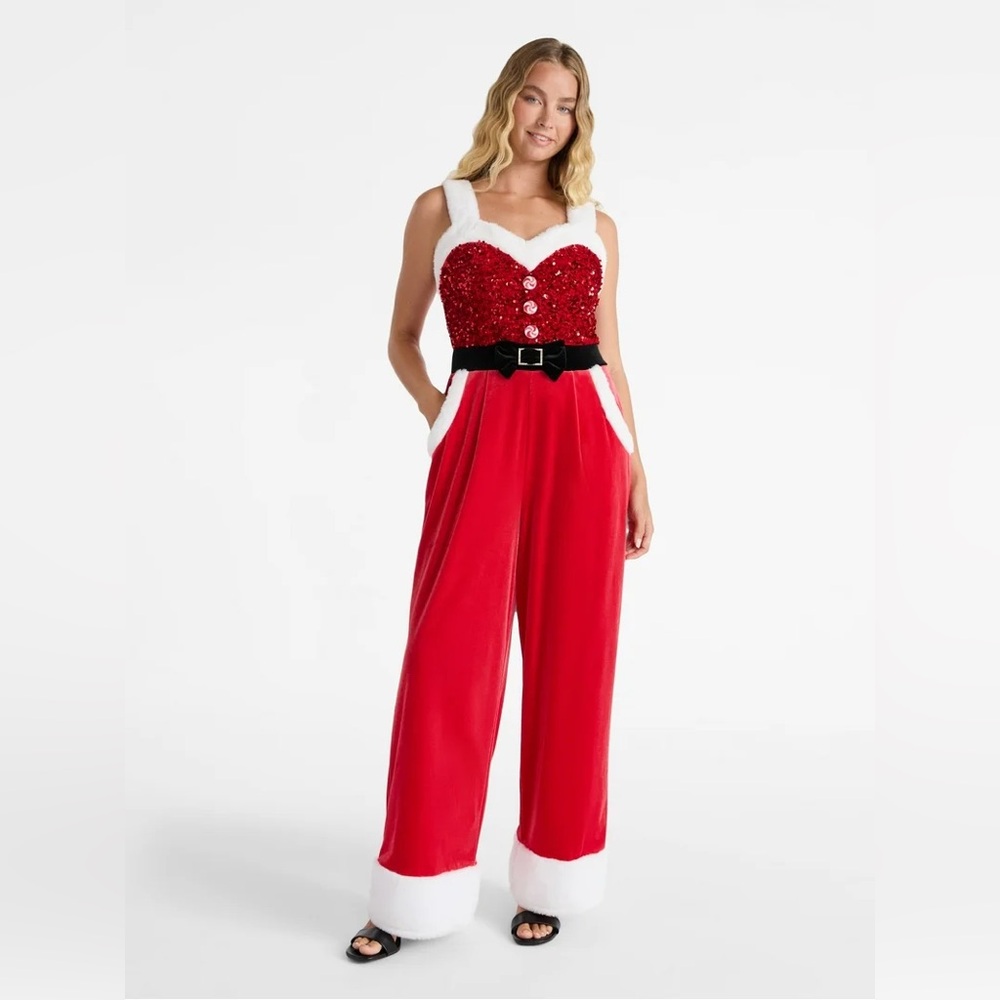 New No Boundaries Red White Sequin Mrs Santa Claus Christmas Costume Jumpsuit XS